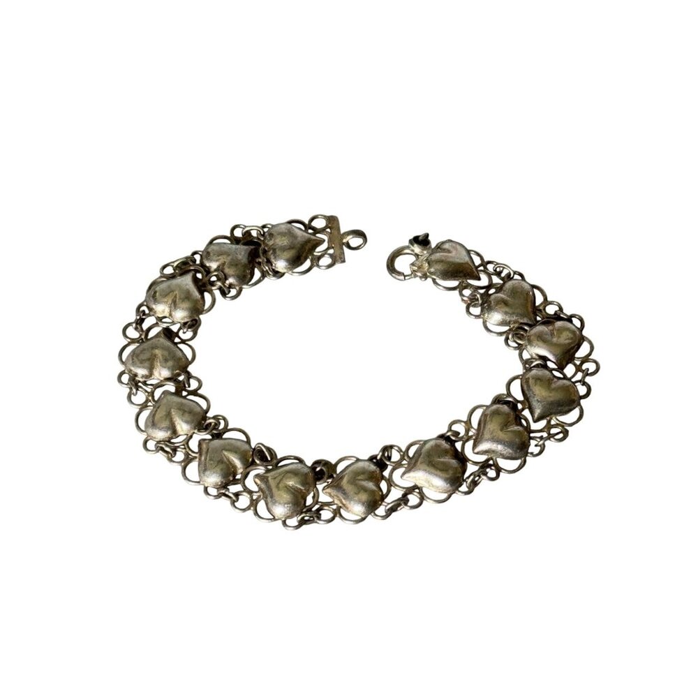 Vintage Sterling Silver Heart Link Bracelet 7.5" 925 Marked On Clasp Elegant Gif